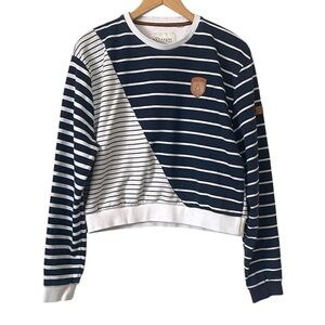 WANAKOME LONG-SLEEVED ROUND NECK COTTON SWEATER Navy White Striped Sweatshirt